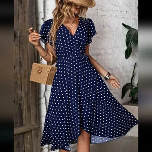 Polka Dot Print Butterfly Sleeve Knot Side Wrap Dress